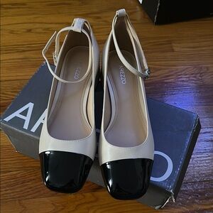 Arezzo Women's Chloe Ankle Strap Cream and Black leather Heels